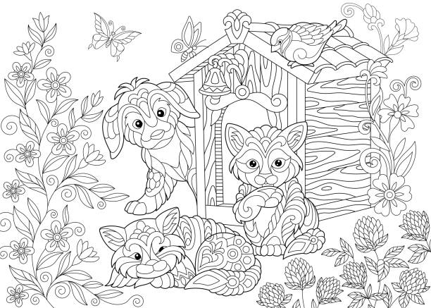 Dog and cats around kennel Dog, two cats, sparrow and butterflies around kennel. Freehand sketch for adult coloring book page. butterfly coloring stock illustrations