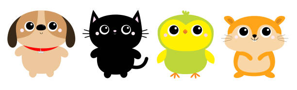 犬黒猫ハムスターオウム鳥おもちゃアイコンセットライン。大きな目。キティ子猫が立っています。面白いカワイイ動物。キッズプリント。かわいい漫画の赤ちゃんのキャラクター。ペット� - ハムスター点のイラスト素材／クリップアート素材／マンガ素材／アイコン素材