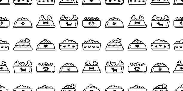 ilustrações, clipart, desenhos animados e ícones de tigela de cachorro padrão sem emenda alimento vetor francês bulldog cão cão cão pata de desenho animado lenço de fundo isolado de papel de parede repetir - ração