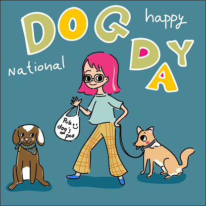 Dog day card with two cute dogs and the girl with pink hair holding poo picking bag hand drawn cartoon vector