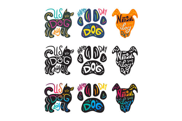 Dog day celebration badge collection set vector Dog day celebration badge collection set vector. Pet body, paw and head muzzle silhouette different color. Domestic animal happy traditional national festival event flat cartoon illustration international dog day stock illustrations