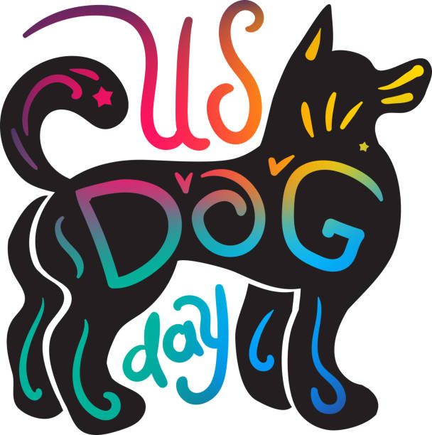 Dog day international holiday celebration vector Dog day international holiday celebration vector. Cute pet body silhouette funny colored and text word. Domestic animal happy traditional world festival event flat cartoon illustration international dog day stock illustrations