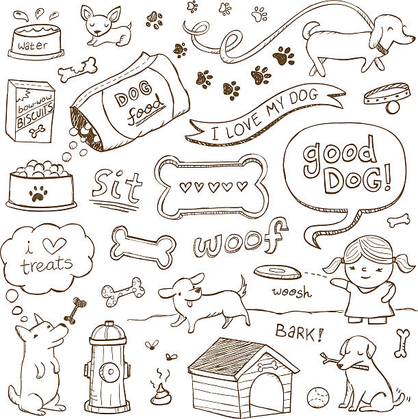 Dog Doodles Dogs and dog accessories illustrated in a doodled style. dog drawings stock illustrations