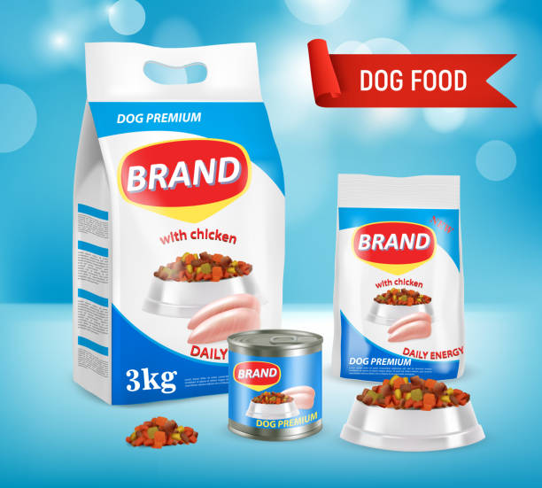 Dog food brand ad vector realistic illustration Dog food vector realistic illustration. Paper bag, doy-pack plastic bag, bowl with dry food, canned food on blue background. New premium dog food brand advertising poster. dog food stock illustrations