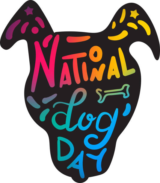 Dog head day national holiday celebration vector Dog head day national holiday celebration vector. Cute pet muzzle silhouette funny color and text word decorated bone and star. Domestic animal festival event gradient flat cartoon illustration international dog day stock illustrations