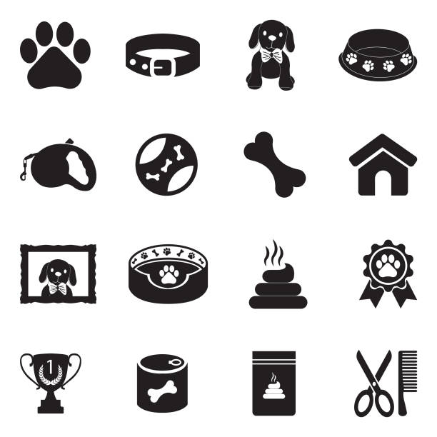Dog Icons. Black Flat Design. Vector Illustration. Pet, Dogs, Home, Family. bed furniture borders stock illustrations