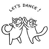Dog Kik and cat Tik dancing together. Vector illustration. Best friends. Cute cartoon pets characters.