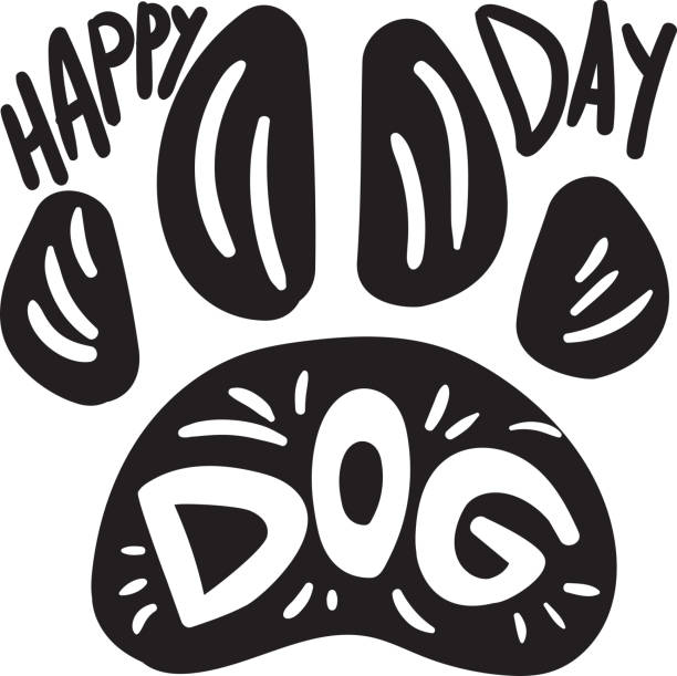 Dog paw print day world holiday celebration vector Dog paw print day world holiday celebration vector. Cute pet footprint silhouette with text word. Domestic animal happy tradition festive event monochrome flat cartoon illustration national dog day stock illustrations
