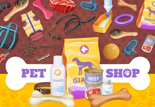 Dog pet care, toys and food poster, vector