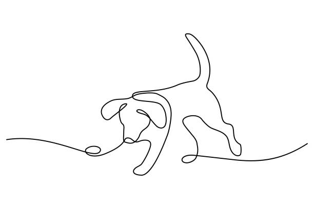 Dog playing Playful dog in continuous line art drawing style. Puppy playing minimalist black linear sketch isolated on white background. Vector illustration dog clipart stock illustrations