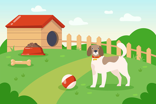 Dog playing with ball outside near dog house illustration