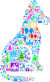 Dog Sitting  New Year Celebration Party. This illustration features the main shape composed of New Year Celebration icons. The vector icons fill in the object and form a seamless pattern. The icons vary in size and color and the background is light.  The icons include such New Year favorites as holiday party, New Year’s clock, dancing, cityscape fireworks and many more.