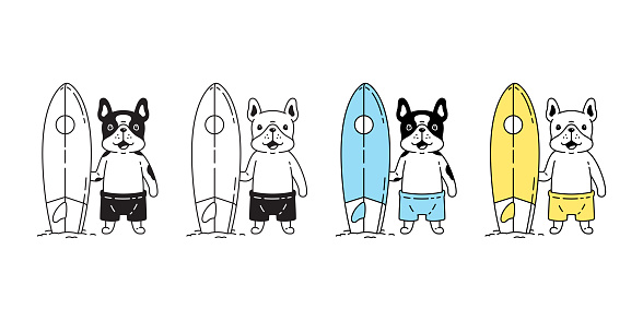 dog vector french bulldog icon surfboard ocean summer beach puppy pet paw character cartoon symbol scarf doodle illustration design
