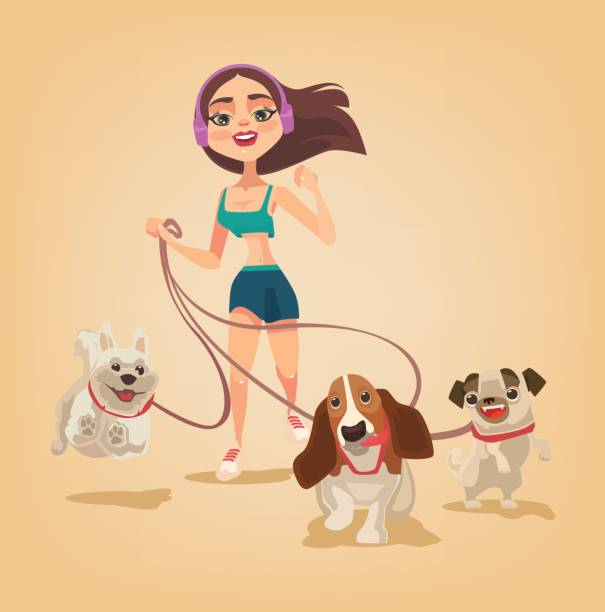 illustrazioni stock, clip art, cartoni animati e icone di tendenza di servizio di dog walking. personaggio donna correre con animali domestici - allevatore