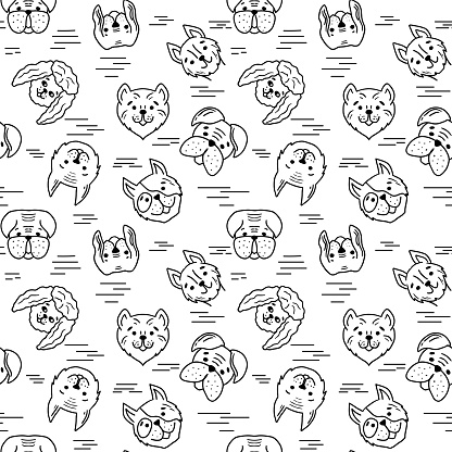 Dogs heads seamless patterns. Funny dogs avatar background. Cool animal vector in doodle hand drawn style.
