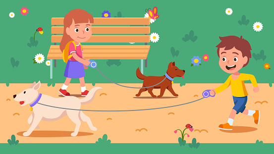 Dogs owners girl, boy kids run walk their puppy pets on leashes. Children cartoon character walking dog pet friend on summer park walkway with bench. Nature leisure activity. Flat vector illustration