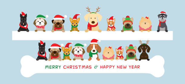 Dogs Wearing Christmas Costume Holding Banner Winter and New Year Celebration happy new year dog stock illustrations