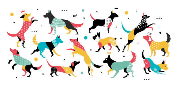Dogs with geometric elements in style 90-x years, they can be used in the leaflet, banners, ads. Set of dogs in pop art style. Dogs with geometric elements in style 90-x years, they can be used in the leaflet, banners, ads. The symbol of the dog in 2018. year of the dog stock illustrations