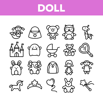 Doll Children Toys Collection Icons Set Vector. Playing Doll And Bear, Castle And Bag, Air Balloon And Mirror, Carriage And Unicorn Concept Linear Pictograms. Monochrome Contour Illustrations