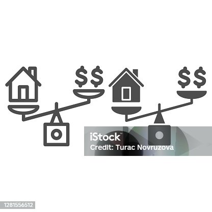 istock Dollar and house balance line and solid icon, finance concept, money and property on scales sign on white background, weighing or compare home and money icon in outline style. Vector graphics. 1281556512