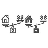 istock Dollar and house balance line and solid icon, finance concept, money and property on scales sign on white background, weighing or compare home and money icon in outline style. Vector graphics. 1281556512