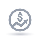 Dollar arrow icon. Money progress symbol. Financial success sign in circle outline. Vector illustration.