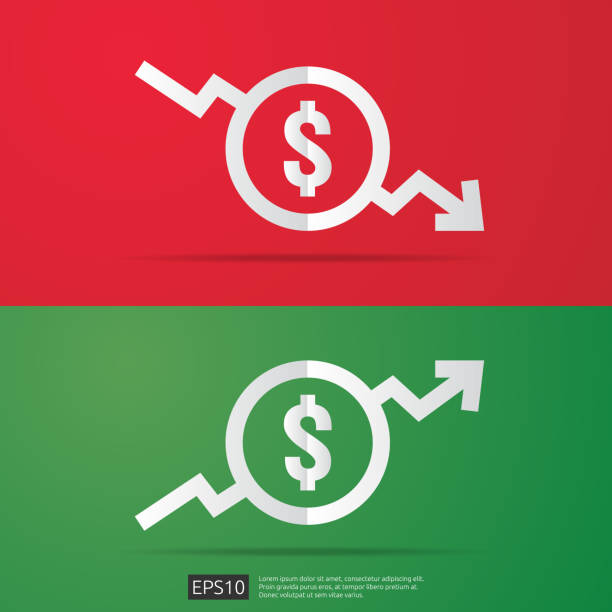 dollar increase decrease icon. Money symbol with arrow stretching rising up and drop fall down. Business cost sale and reduction icon. vector illustration. vector art illustration