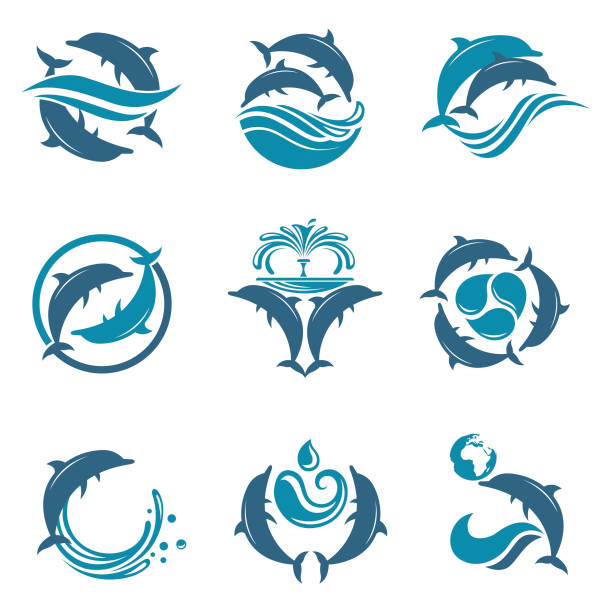dolphin emblem set collection with abstract emblem of dolphin and sea wave dolphin stock illustrations