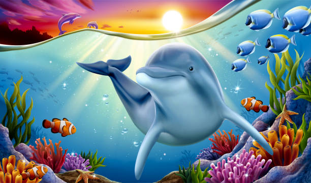 Dolphin playing at coral reef Charming dolphin playing at coral reef underwater with other dolphins breaching and dreaming sunset hanging above water surface, 3d illustration dolphin stock illustrations