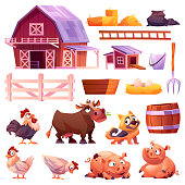 Domestic animals and poultry, barn and chicken coop isolated icons set. Vector collection of farm animals, cow and pigs, hen and rooster, dog. Pitchfork and nest with eggs, wood fence, bucket and hay