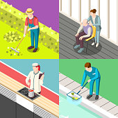 Domestic servant isometric design concept with gardener, personal chef, pool cleaner, nurse isolated vector illustration