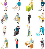 Domestic servant set of isometric icons with housemaid, gardener, nanny, personal chef, driver, nurse isolated vector illustration