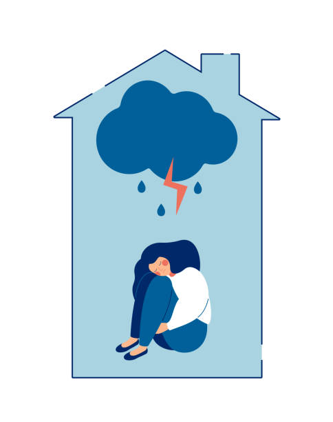 Domestic Violence against women concept. Domestic Violence against women concept. Sad teenage girl sits alone at home under rainy stormy cloud, hugging her knees and crying. Abused woman embraces her body in pain. Flat vector illustration divorce clipart stock illustrations