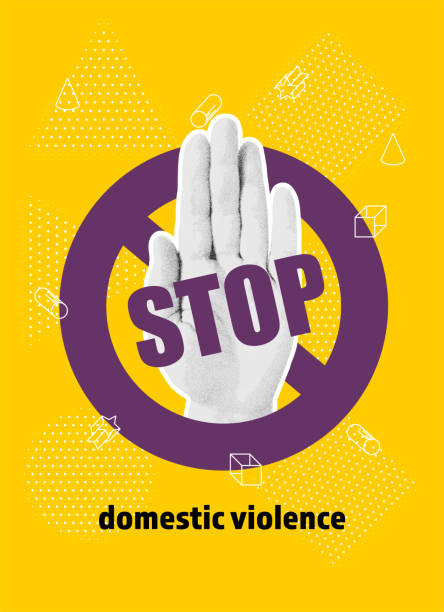 Domestic violence pop art banner on yellow background Domestic violence pop art banner on yellow background. Abstract violence domestic halftone vector illustration. Stop sign human hand with ribbon. Poster against crime. Stop domestic abuse. stop stock illustrations