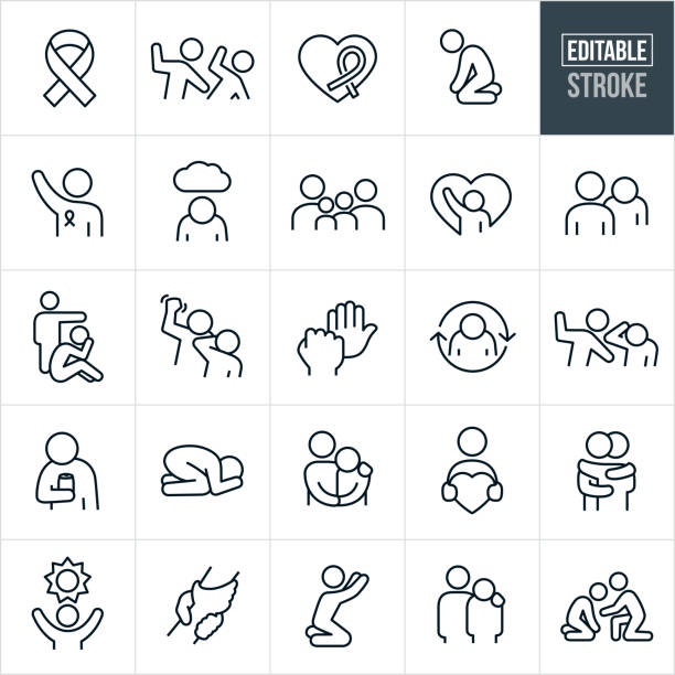 Domestic Violence Thin Line Icons - Editable Stroke A set of domestic violence icons that include editable strokes or outlines using the EPS vector file. The icons include domestic violence, awareness ribbon, man hitting a woman, desperate person on their knees, person standing up for the cause, depressed person, family, person reaching for help, person verbally abusing another person, angry person, man punching another person, person full of rage, person physically abusing another person, person drinking alcohol, sand person in fetal position, person with arm around the shoulder of an abused victim, person holding a heart, person giving another person a hug, symbol of hope, clasped hands, person reaching for heaven, person supporting a person involved in domestic violence and others. victim stock illustrations