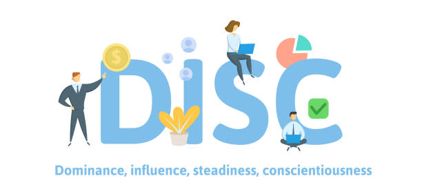 DISC, Dominance, Influence, Steadiness, Conscientiousness. Concept with keywords, letters, and icons. Flat vector illustration. Isolated on white background. DISC, Dominance, Influence, Steadiness, Conscientiousness. Concept with keywords, letters, and icons. Colored flat vector illustration Isolated on white background disk stock illustrations