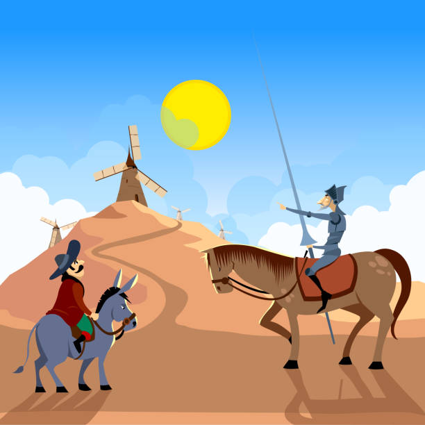 堂吉訶德和桑喬·潘紮騎在風車上。 - sancho 幅插畫檔、美工圖案、卡通及圖標