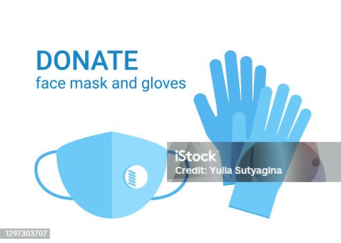 istock Donate of cloth face mask and protective gloves. Clothes donation of respirator protective face and hand wear as social help. Concept of safety PPE, healthcare and humanitarian aid. Vector 1297303707