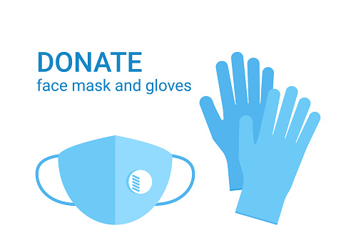Donate of cloth face mask and protective gloves. Clothes donation of respirator protective face and hand wear as social help. Concept of safety PPE, healthcare and humanitarian aid. Vector
