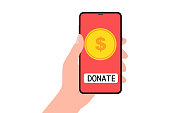 Donate online concept on transparent background. Hand holding smartphone with gold coin and button on screen.