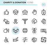 20 Outline Style - Black line - Pixel Perfect icons / Donation and Charity Set #93
Icons are designed in 48x48pх square, outline stroke 2px.

First row of outline icons contains: 
Thumbs Up, Heart Protection,  Heart in House, Volunteer, Piggy Bank;

Second row contains: 
Paying Credit Card, Awareness Ribbon, Caduceus, Thunderstorm, A Helping Hand;

Third row contains: 
Blood Donation, Love - Emoticon, Buoy, Praying, Donation Click; 

Fourth row contains: 
Disabled Sign, Coins in hand, Alarm, Globe with heart, Four hands.

Complete Primico collection - https://www.istockphoto.com/collaboration/boards/NQPVdXl6m0W6Zy5mWYkSyw