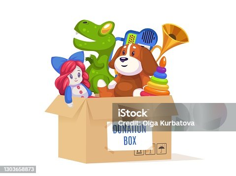 istock Donation cardboard box. Volunteer community support poor families and orphans, kids toys and games in container, help for children cartoon isolated on white background concept 1303658873