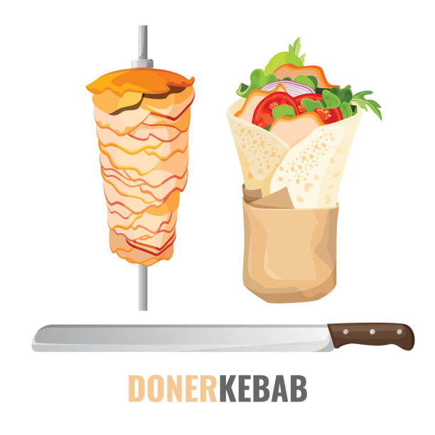 Doner kebab promo poster with meet on skewer and knife Doner kebab with vegetables and chicken promotional poster with meet on long skewer and big sharp knife cartoon flat vector illustrations on white background. shawarma stock illustrations