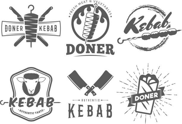 Doner kebab symbols. Doner kebab symbols. Vector kebab badges with traditional eastern grill dishes. Vintage labels for restaurant or bar. shawarma stock illustrations