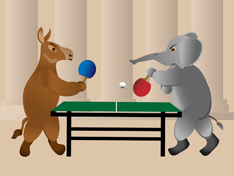 Donkey and elephant play ping-pong