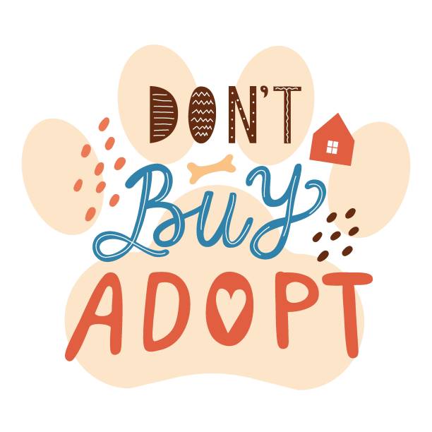 Don't buy adopt the phrase lettering Vector composition with text, a pet's paw, bone and a house. It is perfect for advertising a shelter and for a poster for the international day of homeless animals international dog day stock illustrations