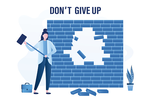 Don't give up, motivational banner. Businesswoman uses hammer and breaks a brick wall. Overcoming obstacles, difficulties. Successful solving business problems.