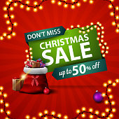 Don't miss, Christmas sale, square red discount banner with Santa Claus bag with presents