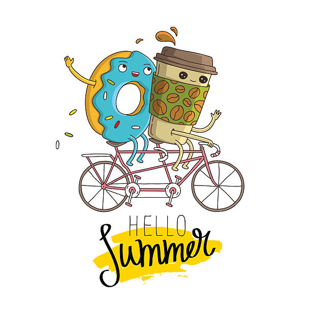 stockillustraties, clipart, cartoons en iconen met donut and cup of coffee riding on a bike - walking with coffee