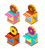 Donut Shop isometric style bright colors vector illustration.
